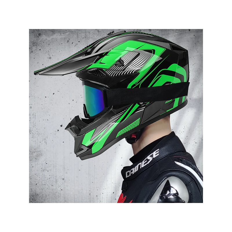 Crosshelm für Motorrad, schwarz mit grün, Größe L A3616.