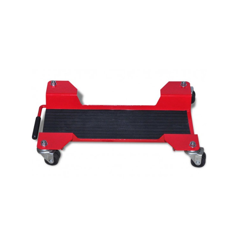 Motorrad-Plattform mit zentralem Ständer für Reparaturen.